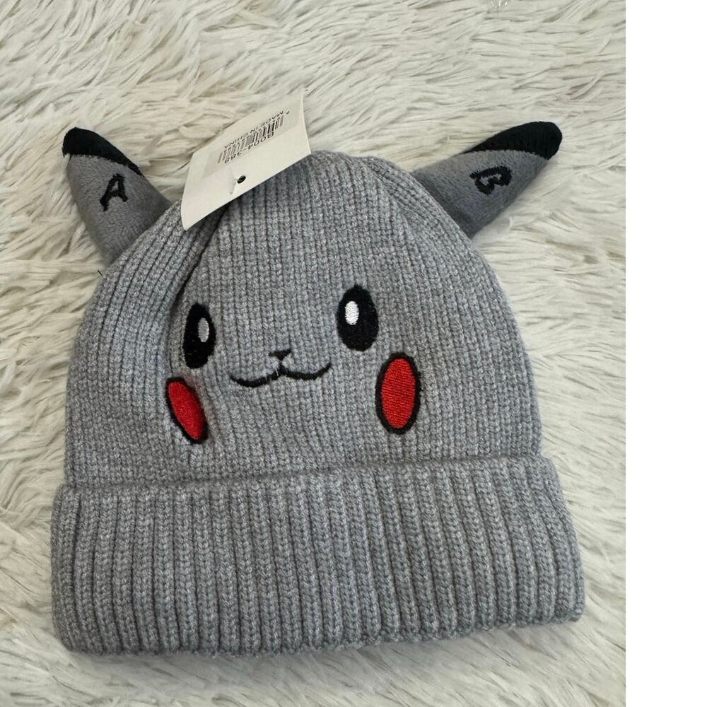 Gray Pikachu kid beanie with embroidered face and ears very warm lined